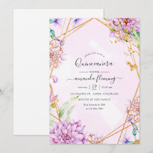 Convite Roxo e Dourado Floral Geométrico Quinceañera