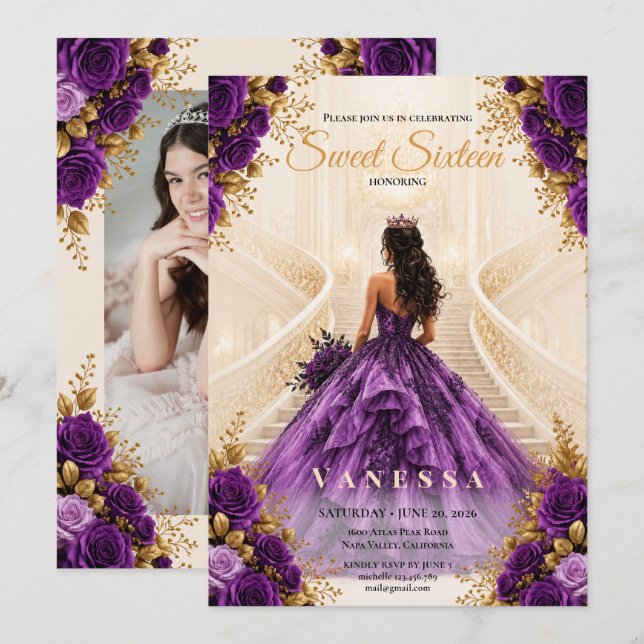 Convite roxo e dourado para festa de 16 anos da pr (Frente/Verso)