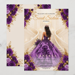Convite roxo e dourado para festa sweet 16 de prin