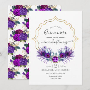 Convite Roxo e Dourado Peacock Floral Vintage Quinceañera