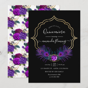 Convite Roxo e Dourado Peacock Floral Vintage Quinceañera