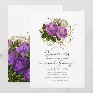 Convite Roxo e Dourado Vintage Chic Floral Quinceañera