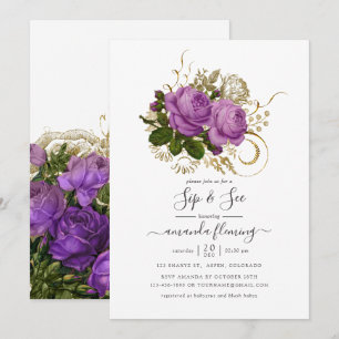 Convite Roxo e Dourado Vintage Chic Floral Sip and See
