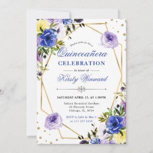 Convite Roxo e Flores de Creme e Moldura Quinceanera