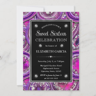 Convite Roxo e Geodo de Ágata Prateado Sweet 16