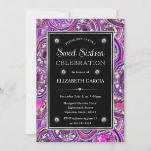 Convite Roxo e Geodo de Ágata Prateado Sweet 16