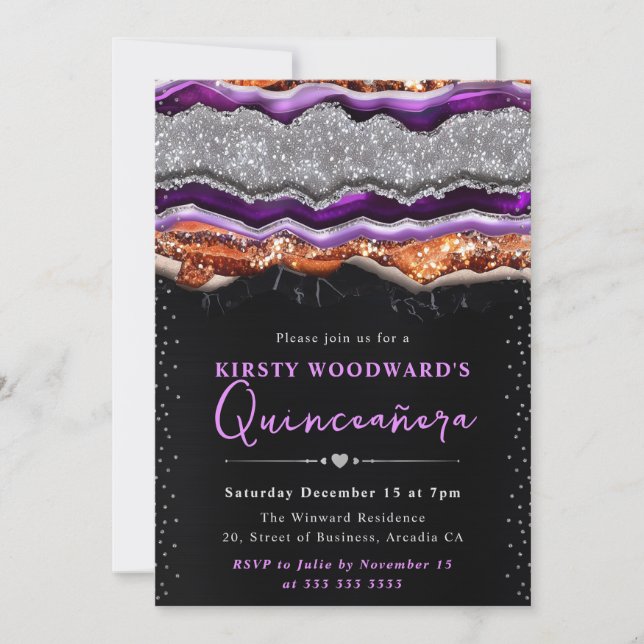 Convite Roxo e Laranja Halloween Ágata Quinceanera (Frente)