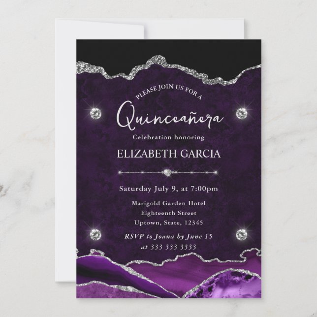 Convite Roxo e Prata Brilho Ágata Quinceanera (Frente)