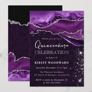 Convite Roxo e Prata Brilho Ágata Quinceanera