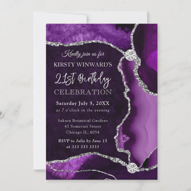 Convite Roxo e Prata Falso Brilho Ágata Aniversário (Frente)