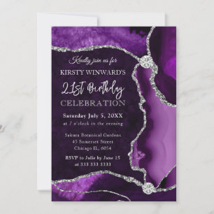 Convite Roxo e Prata Falso Brilho Ágata Aniversário