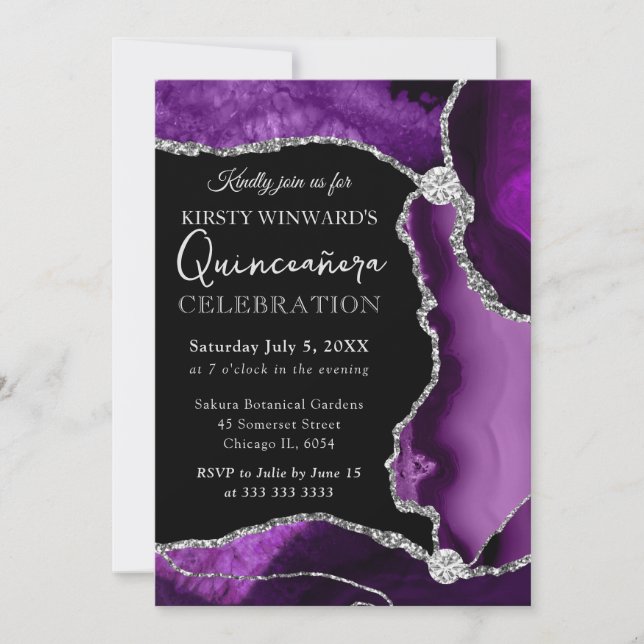 Convite Roxo e Prata Falso Brilho Ágata Quinceanera (Frente)