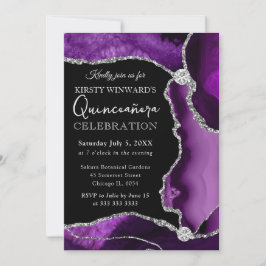 Convite Roxo e Prata Falso Brilho Ágata Quinceanera