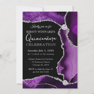 Convite Roxo e Prata Falso Brilho Ágata Quinceanera