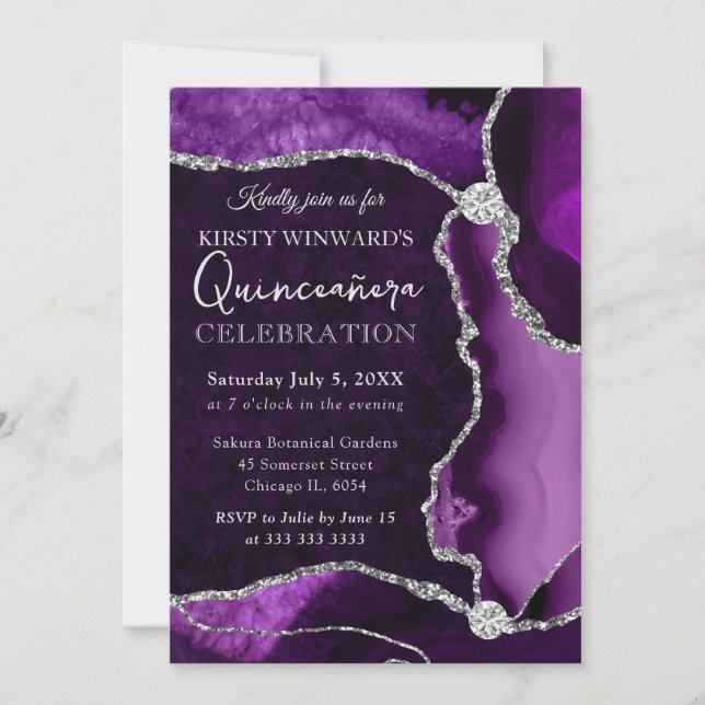 Convite Roxo e Prata Falso Brilho Ágata Quinceanera (Frente)