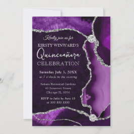 Convite Roxo e Prata Falso Brilho Ágata Quinceanera