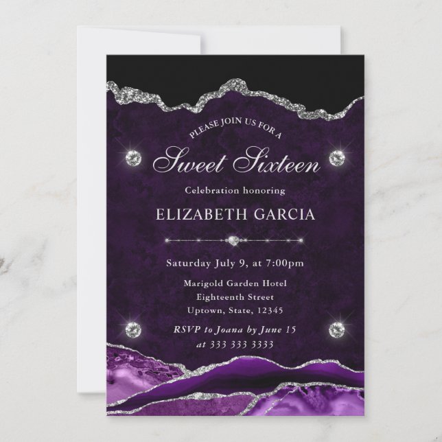 Convite Roxo e Prata Glitter Agate Sweet Sixteen (Frente)