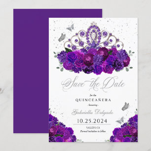 Convite Roxo e Prata Tiara Salvar a Data Quinceañera
