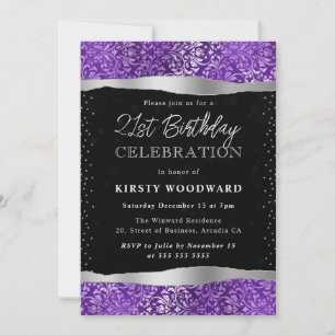 Convite Roxo e Preto Damask Brilho Aniversário de 21 anos