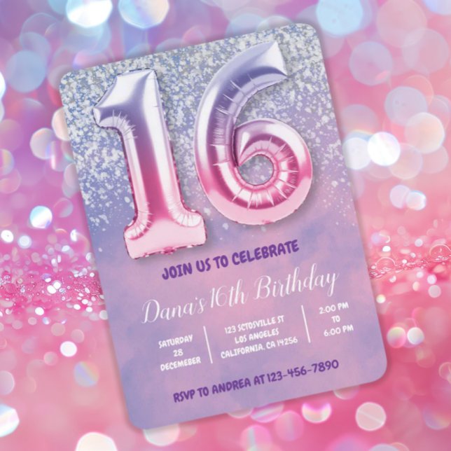 Convite Roxo e Rosa 16º Balão de Aniversário (Criador carregado)