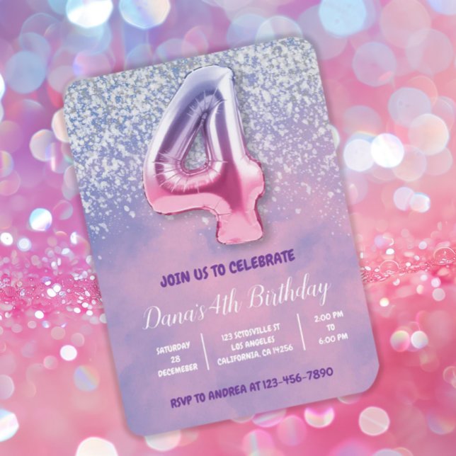 Convite Roxo e Rosa 4º Balão de Aniversário (Criador carregado)