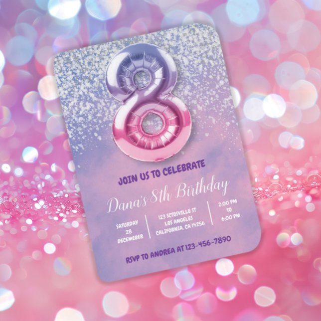 Convite Roxo e Rosa 8º Balão de Aniversário (Criador carregado)