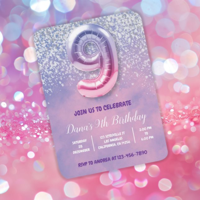 Convite Roxo e Rosa 9º Balão de Aniversário (Criador carregado)