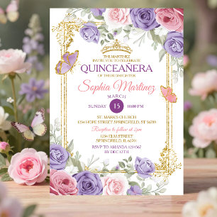 Convite Roxo E Rosa Floral Coroa Dourada Menina Quinceañer