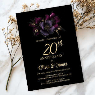 Convite Roxo e Rosa Floral Preto 20º Aniversário