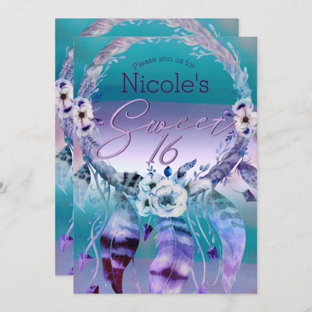 Convite Roxo e Teal Dream Catcher Boho Sweet 16 Party (Frente/Verso)