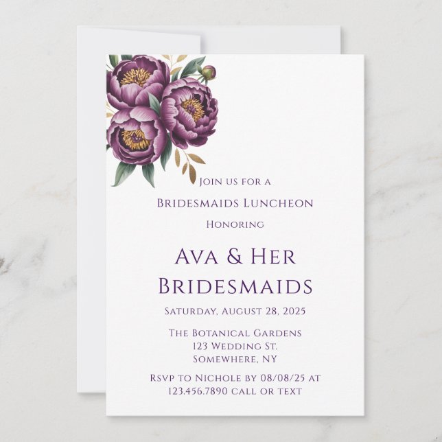 Convite Roxo Elegante Bridesmaids Luncheon (Frente)