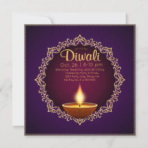 Convite Roxo elegante de Diwali Diyas