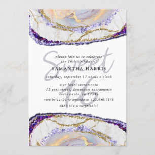 Convite Roxo Elegante e Dourada Marble 16ª Festa de aniver