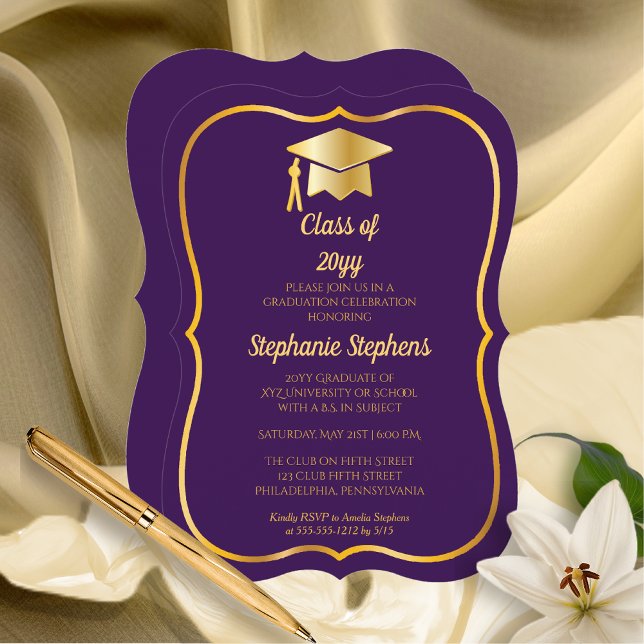 Convite Roxo Elegante | FESTA DE FORMATURA DOURADA (Elegant Purple and Faux Gold Cap Graduation Party Invitation - Bracket Style (Print and/or Download))