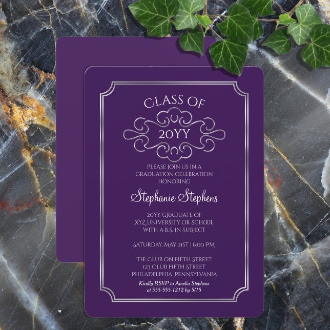 Convite Roxo Elegante | Formandos de prata (Elegant Purple and Silver Tone College or University Graduation Announcement and Party Invitation)