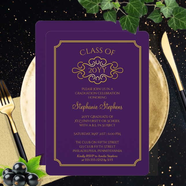 Convite Roxo Elegante | Parte Formandos Dourada (Elegant Purple | Gold Tone College University Graduation Announcement Party Invitation Print Digital)