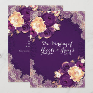 Convite Roxo Elegante Renda Floral País Casamento