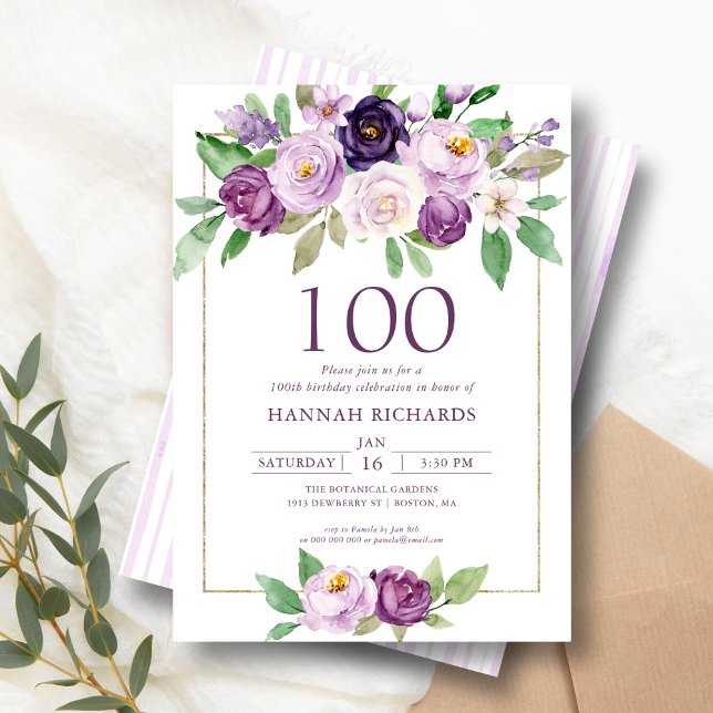 Convite Roxo Elegante | Violet Floral 100º Aniversário (Criador carregado)