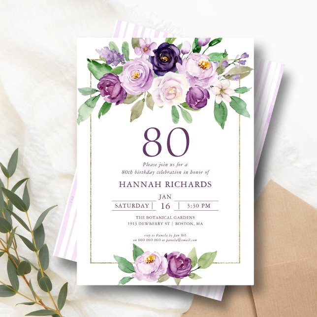Convite Roxo Elegante | Violet Floral 80 Birthday (Criador carregado)