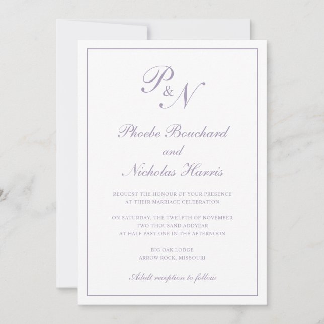 Convite Roxo Empoeirado Clássico Casamento Elegante (Frente)