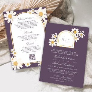 Convite Roxo Empolado Amarelo Rétro Margarida Casamento Tu