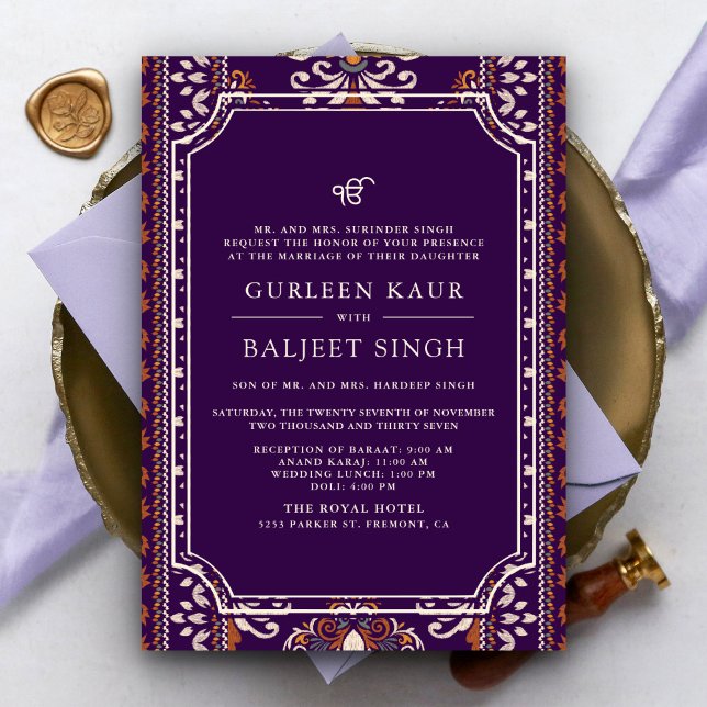 Convite Roxo Escuro Amarelo Ikat Anand Karaj Casamento Sik (Criador carregado)