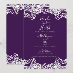 Convite Roxo Escuro Ameixa e Renda Branca Casamento Elegan