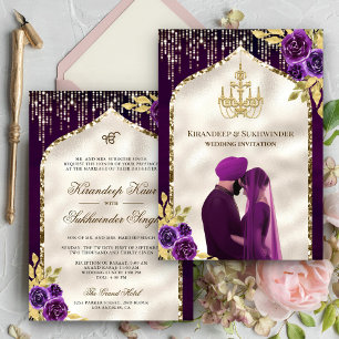 Convite Roxo Escuro Dourado Floral Anand Karaj Casamento S