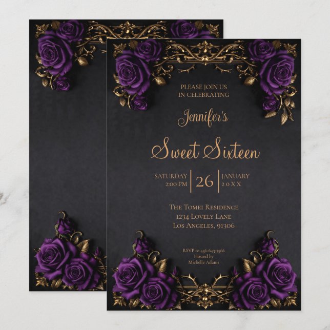 Convite Roxo Escuro floral Gótico Sweet 16 (Frente/Verso)