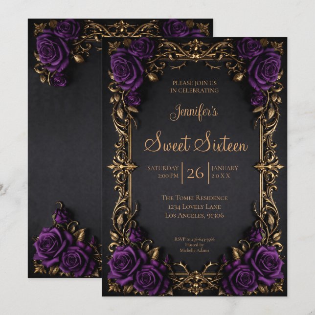Convite Roxo Escuro floral Gótico Sweet 16 (Frente/Verso)