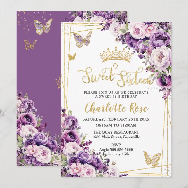 Convite Roxo Escuro Lilás Flores Rosadas Rosas Sweet 16 (Frente/Verso)