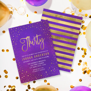 Convite roxo estrelado do aniversário de 30 anos