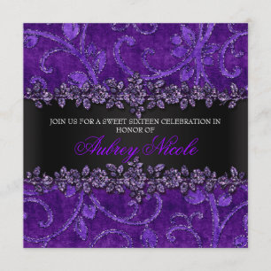 Convite Roxo Falso Brilho & Floral de Veludo Sweet Sixteen