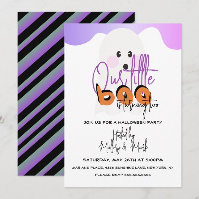Convite Roxo Fantasma de Halloween Nosso Pequeno B (Frente/Verso)